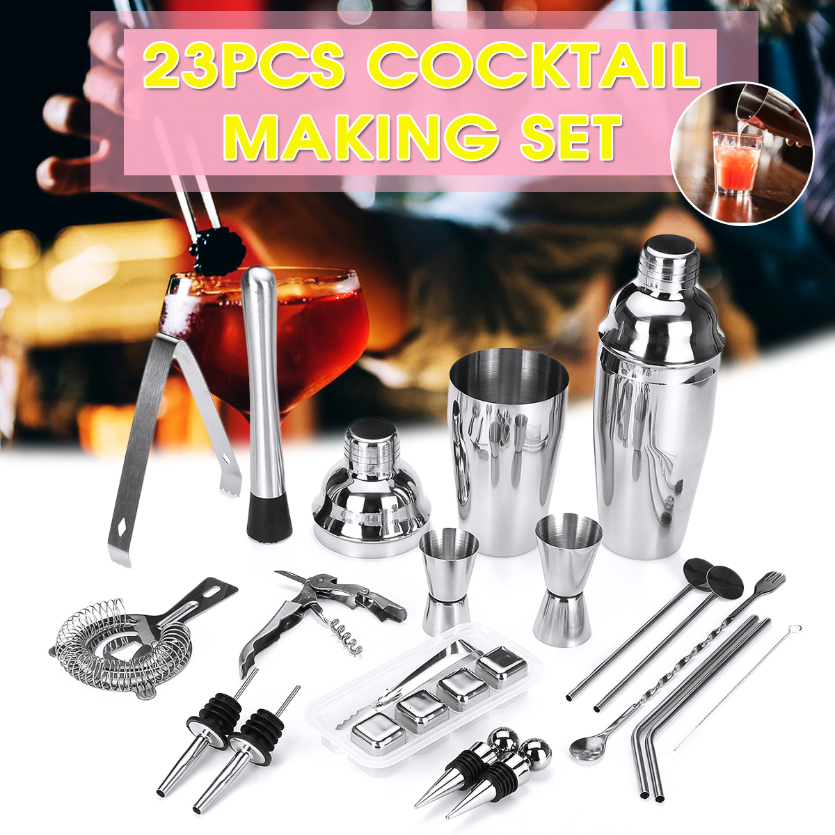 23 Pieces Stainless Steel Cocktail Shaker Maker Mixer Bar Tool Set Bartender Kit
