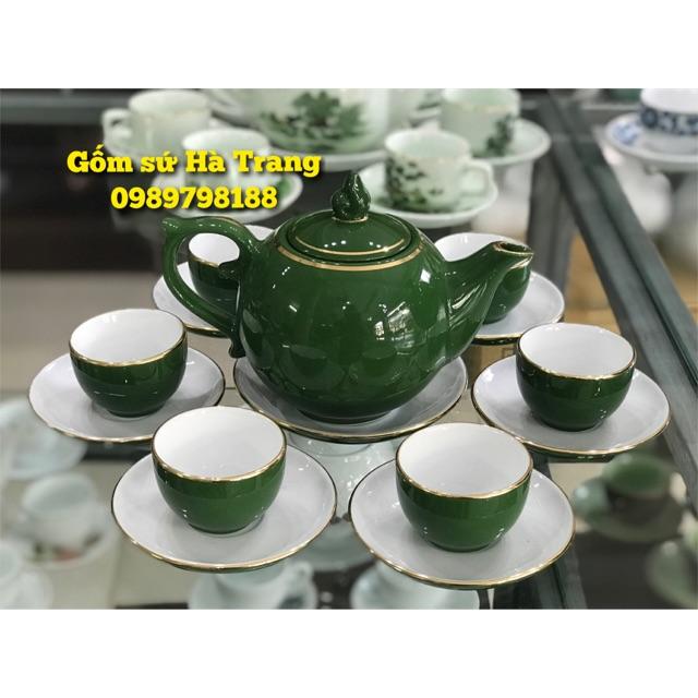 Ấm chén Bát Tràng cao cấp men xanh viền chỉ vàng kim   Ấm chóp lửa