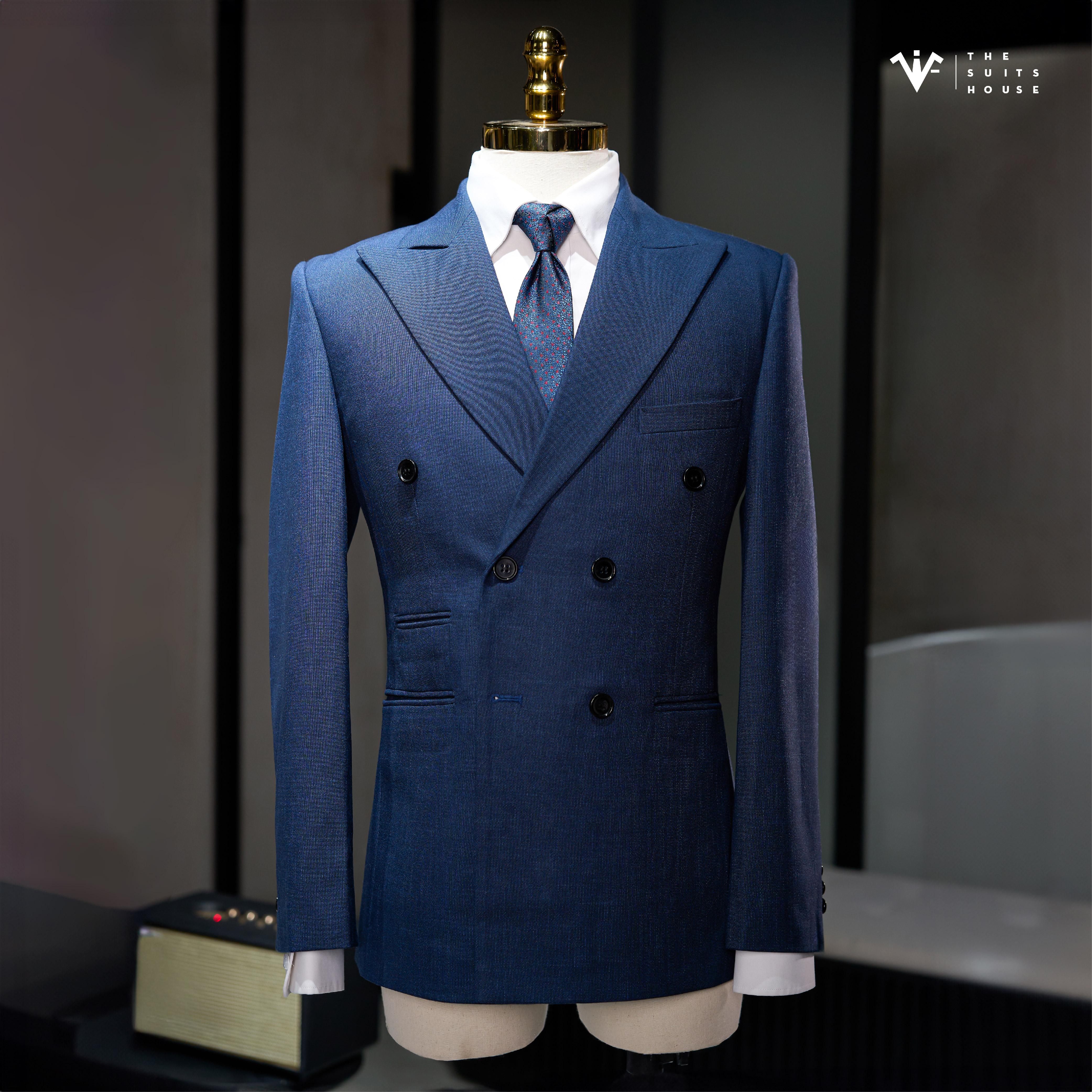 [CLASSY 2] Nguyên bộ suits 2 mảnh XANH NAVY KẺ ẨN, 6 KHUY 3 TÚI,  chất vải Wool - Nobility