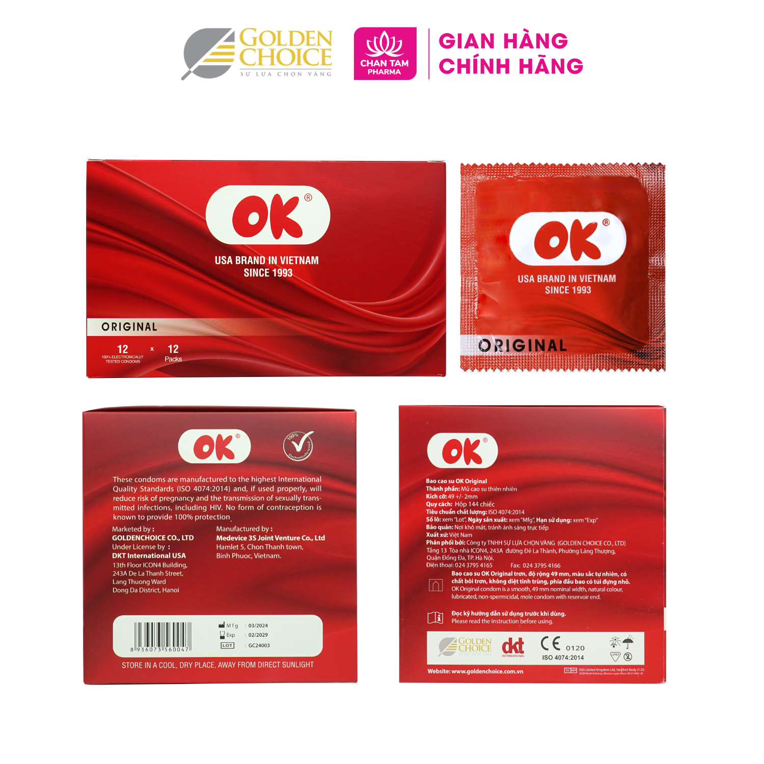 [Chính Hãng] Bao Cao Su Không Mùi OK Original Hộp 144 Cái - Pack 12