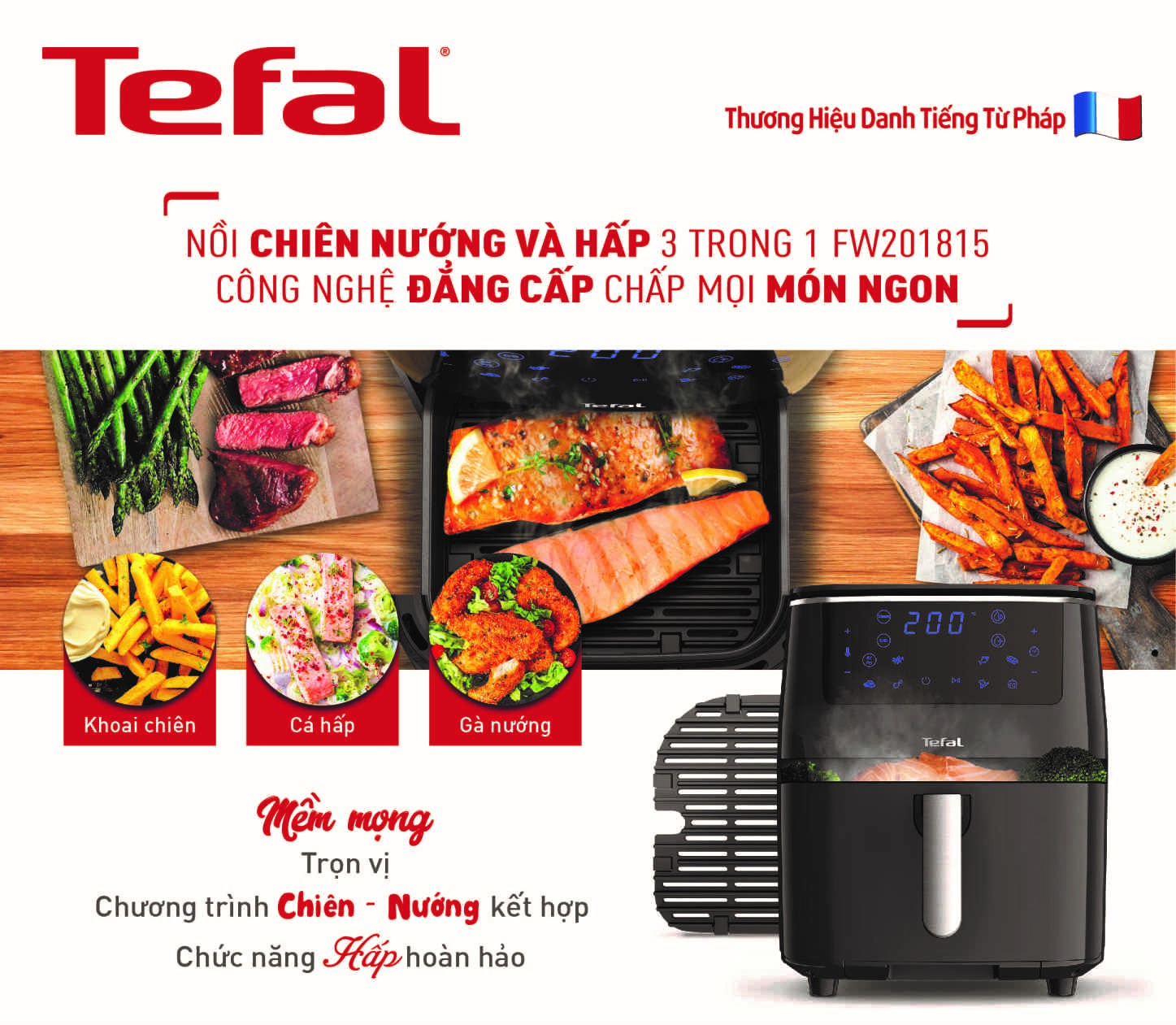 Combo Nồi chiên nướng và hấp 3 trong 1 FW201815 &amp; Chảo chiên chống dính đáy từ Tefal So Chef G1350496 24cm - Hàng chính hãng