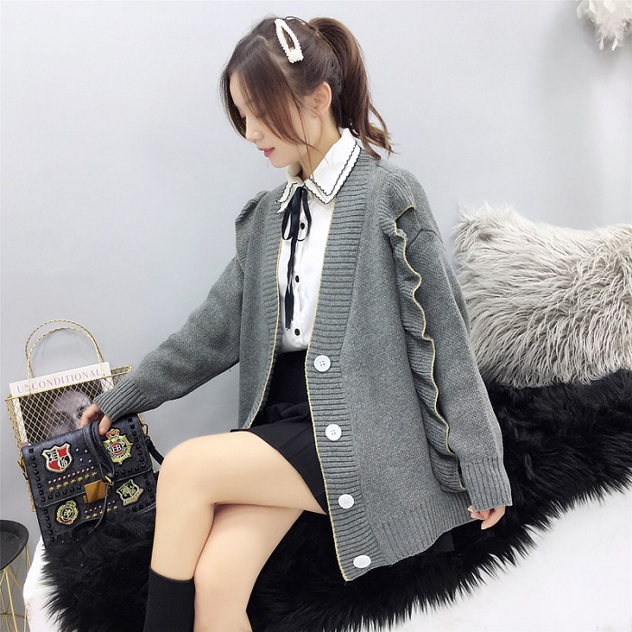 Hàng Quảng Châu - Áo khoác len cardigan phom rộng hàn quốc phối bèo ulzzang - DL51200