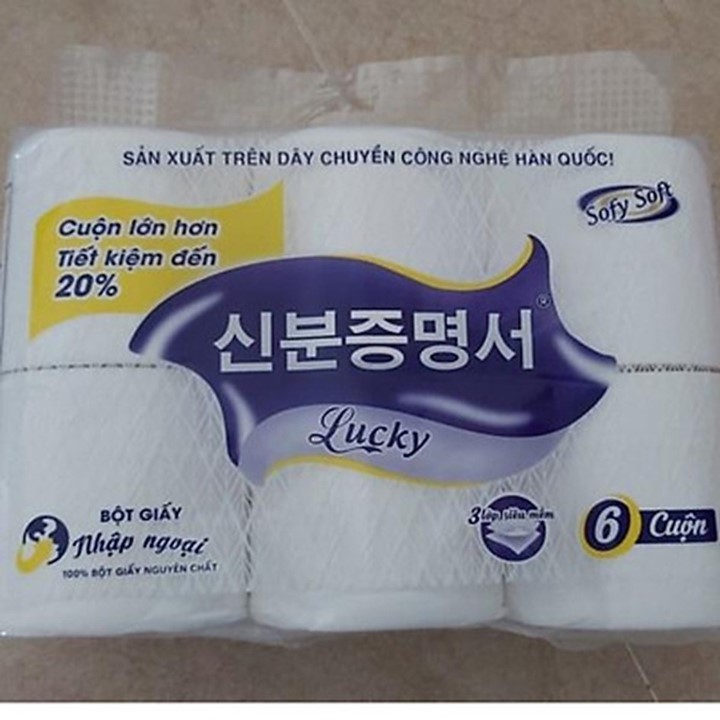 Túi 6 cuộn giấy LUCKY Hàn Quốc siêu mịn - Không lõi