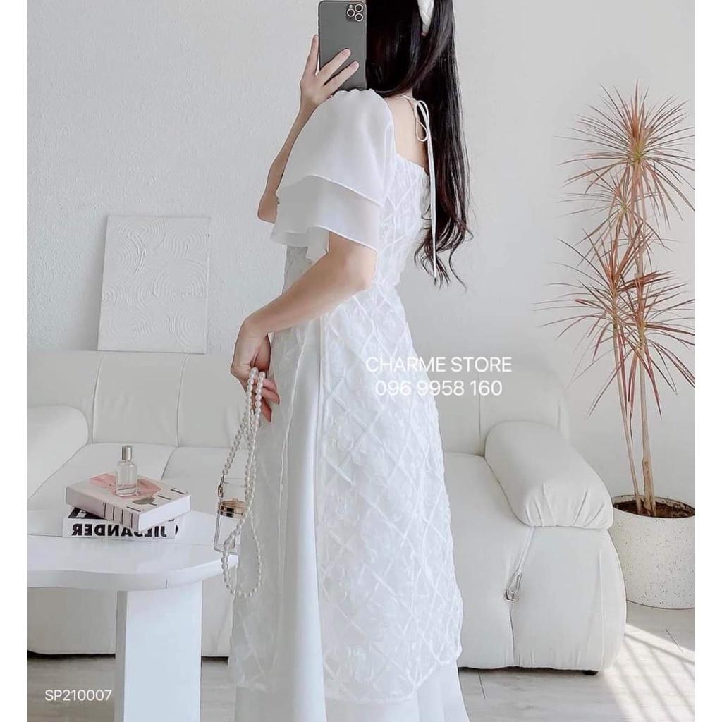Set bộ áo dài trắng ren hoa rớt vai tay voan tiên chân váy voan đi chùa chơi tết