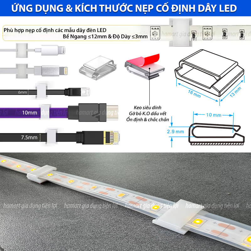 SET 5 Nẹp Dây Đèn LED Dán Tường Kẹp Cố Định Dải LED Trang Trí Tủ Kệ Trưng Bày Decor Bàn Làm Việc