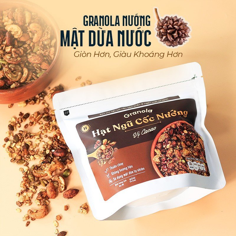 Granola nướng giòn tan - Vị Cacao túi 400g - Dùng mật dừa nước, 0 trái cây sấy, GI thấp - Hạt ngũ cốc giảm cân - HeydayCacao