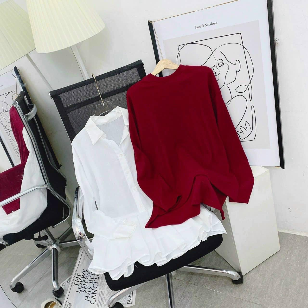 SET ĐẦM SƠ MI SUÔNG TRƠN VÁY XẾP LY NHẸ + ÁO THUN ĐỎ TRƠN TAY DÀI DẠO PHỐ DỰ TIỆC GIÁNG SINH NOEL