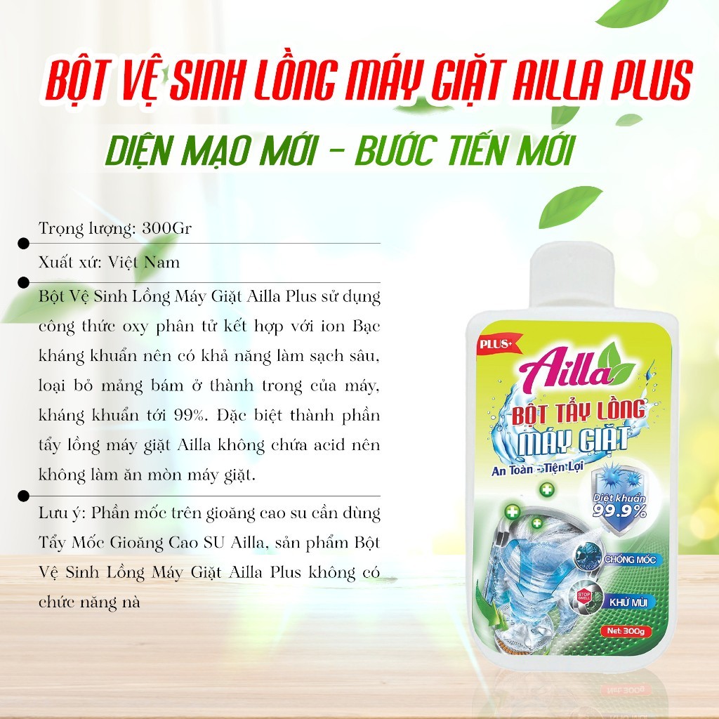 Combo 2 Tẩy lồng máy giặt Ailla 300Gr 1 Mốc Gioăng Cao Su Ailla 100Gr  Làm Sạch Mảng Mốc (Tặng Rửa Chén + Chổi Quét)