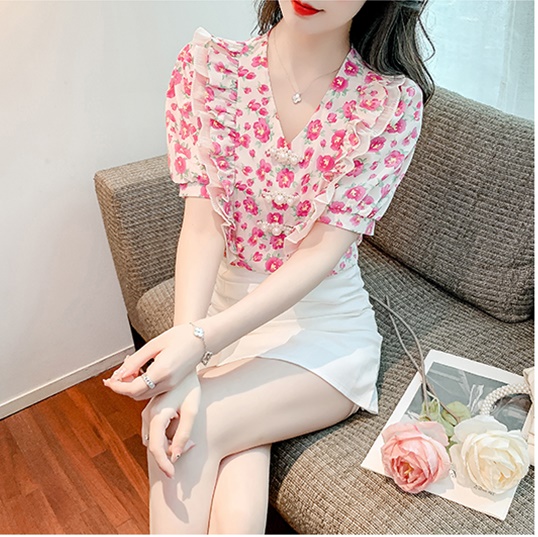 HÀNG QUẢNG CHÂU - ÁO KIỂU VOAN HOA CỔ TIM KHUY HẠT TAY PHỒNG VAI PHỐI BÈO SIÊU XINH - A64277