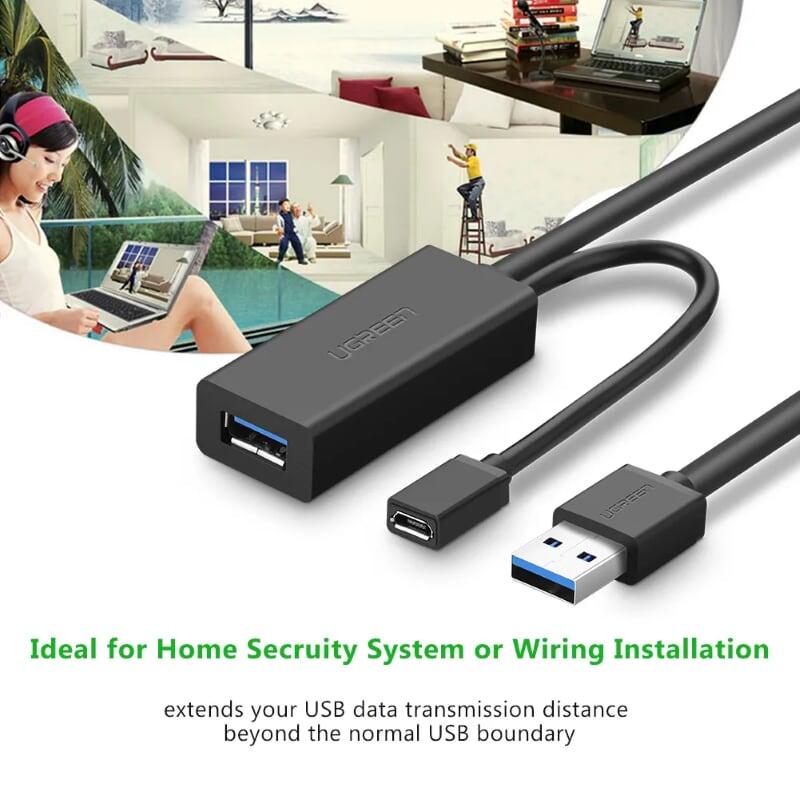 Ugreen UG20827US175TK 10M màu Đen Cáp tín hiệu nối dài USB 3.0 hỗ trợ nguồn MICRO USB - HÀNG CHÍNH HÃNG