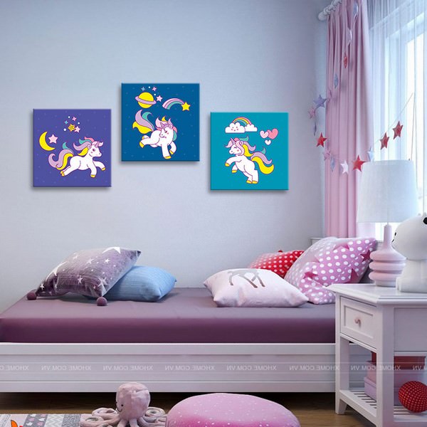 Bộ 3 Tranh Phòng Ngủ Đáng Yêu - Tranh Phòng Ngủ Bé Gái Canvas Có Viền W1193