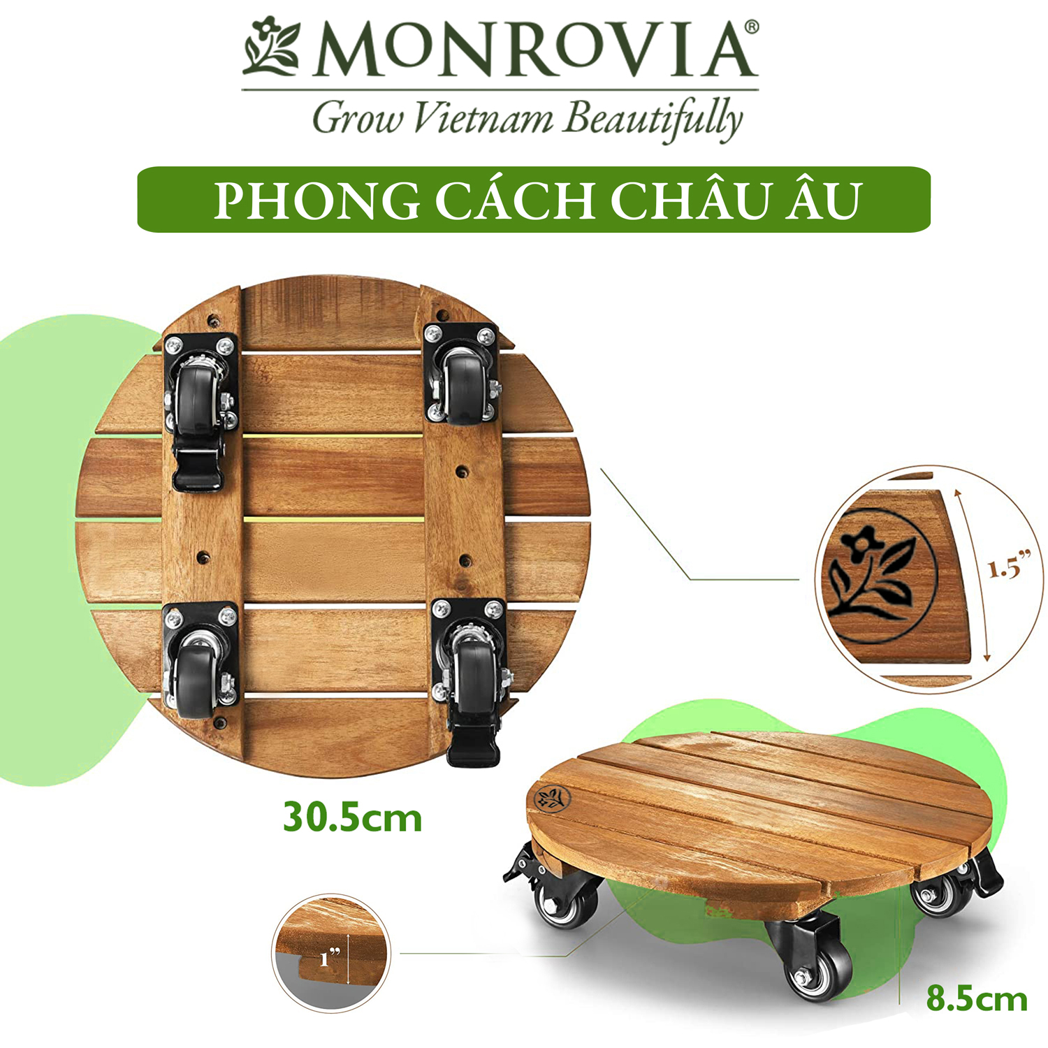 Đế lót chậu cây có bánh xe MONROVIA, đế để chậu cây, kệ chậu cây do động, có bánh xe, mặt tròn hoặc vuông bằng gỗ tràm cao cấp loại 1, trên 10 năm tuổi, màu vàng đường kinh 30 cm, chính hãng thương hiệu MONROVIA