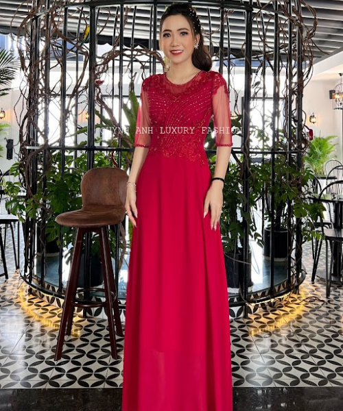 Đầm Dạ Hội Trung Niên Dự Tiệc Sang Trọng Đỏ Đô Charmaine Dress