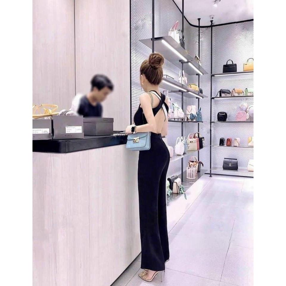 Jum ống rộng cổ yếm phối trắng, Jumpsuit nữ cổ yếm dây chéo