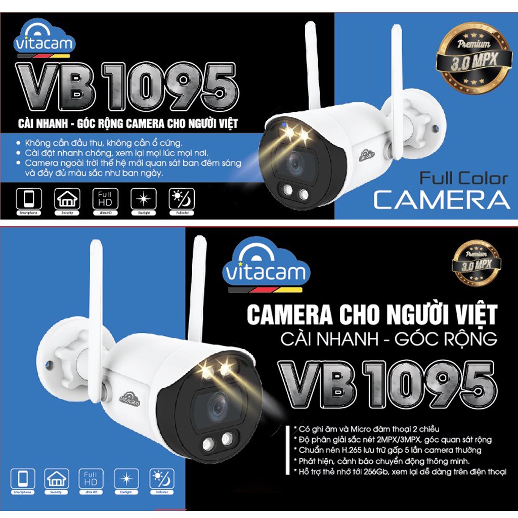Camera Ngoài Trời WIFI VITACAM VB1095 - 3Mpx Ultra HD 2K – Chip HISILICON Mới Nhất 2022 - Hàng Chính Hãng