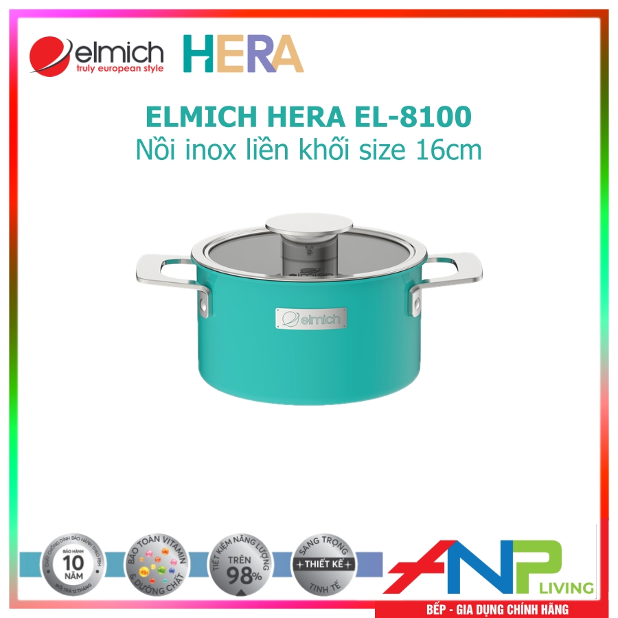 Nồi inox liền khối Elmich Hera Mầu Xanh Ngọc (Size 16cm/EL-8100, Size 18cm/EL-8101, Size 20cm/EL-8102, Size 22cm/EL-8103, Size 26cm/EL8104) - Hàng Chính Hãng