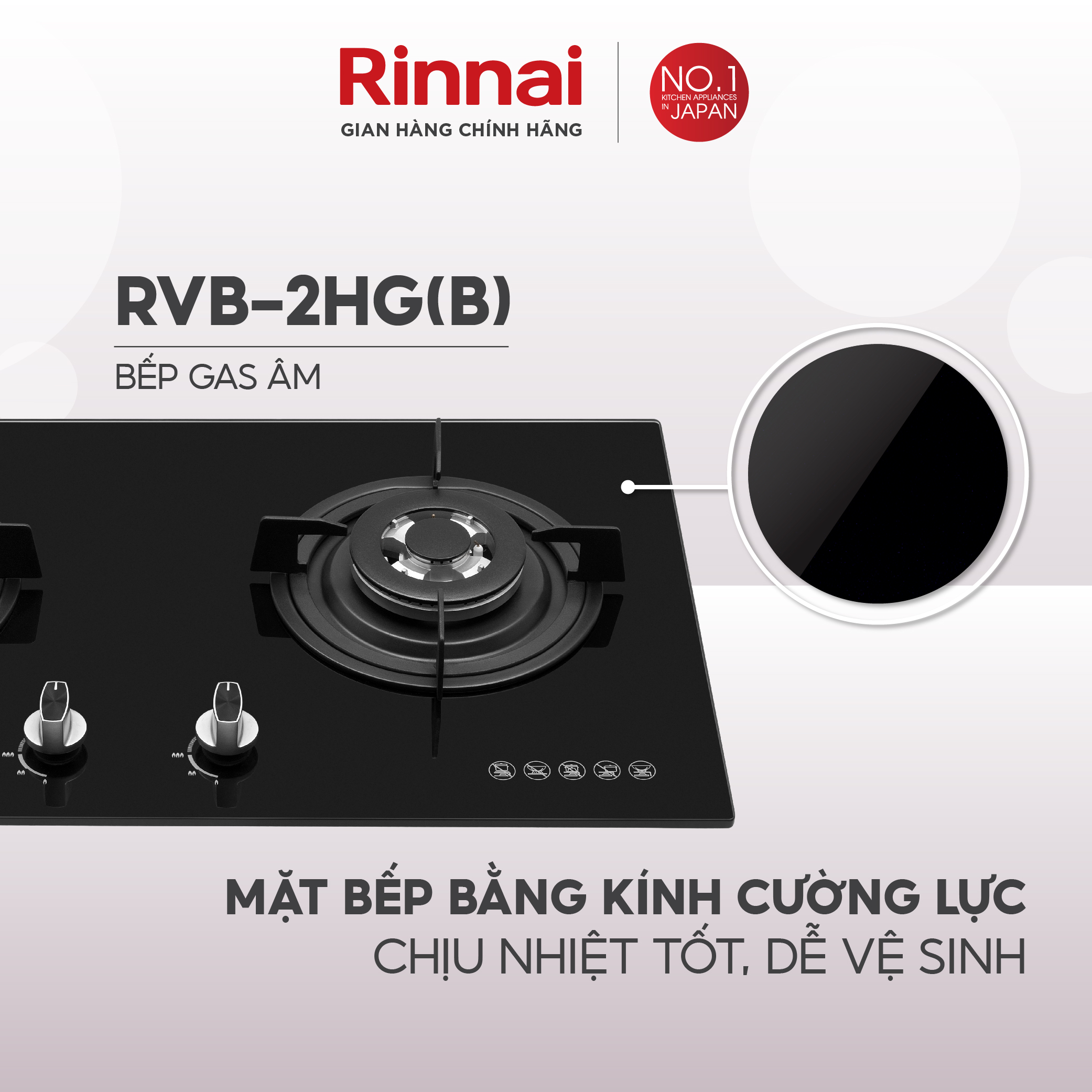 Bếp gas âm Rinnai RVB-2HG mặt bếp kính kiềng bếp gang - Hàng chính hãng.