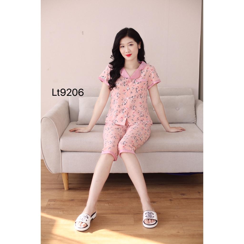 Quần áo mặc nhà, Bộ đồ pizama sau sinh mẫu quần lửng họa tiết hoa lá đẹp cổ màu hồng, màu be