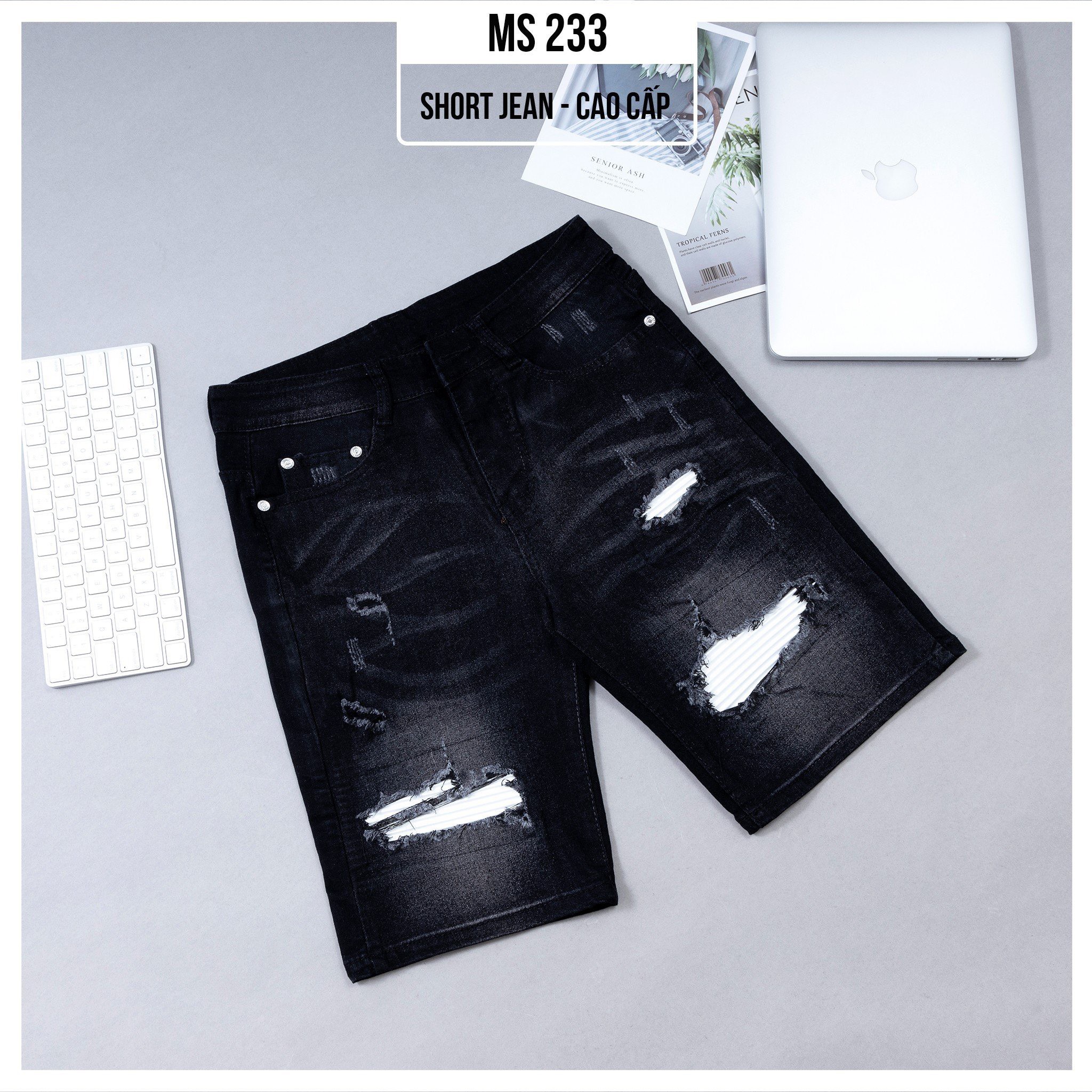 Quần short jean nam, quần short jean nam chất jean co dãn phối họa tiết rách cực đẹp thương hiệu chandi, mẫu mới CD233