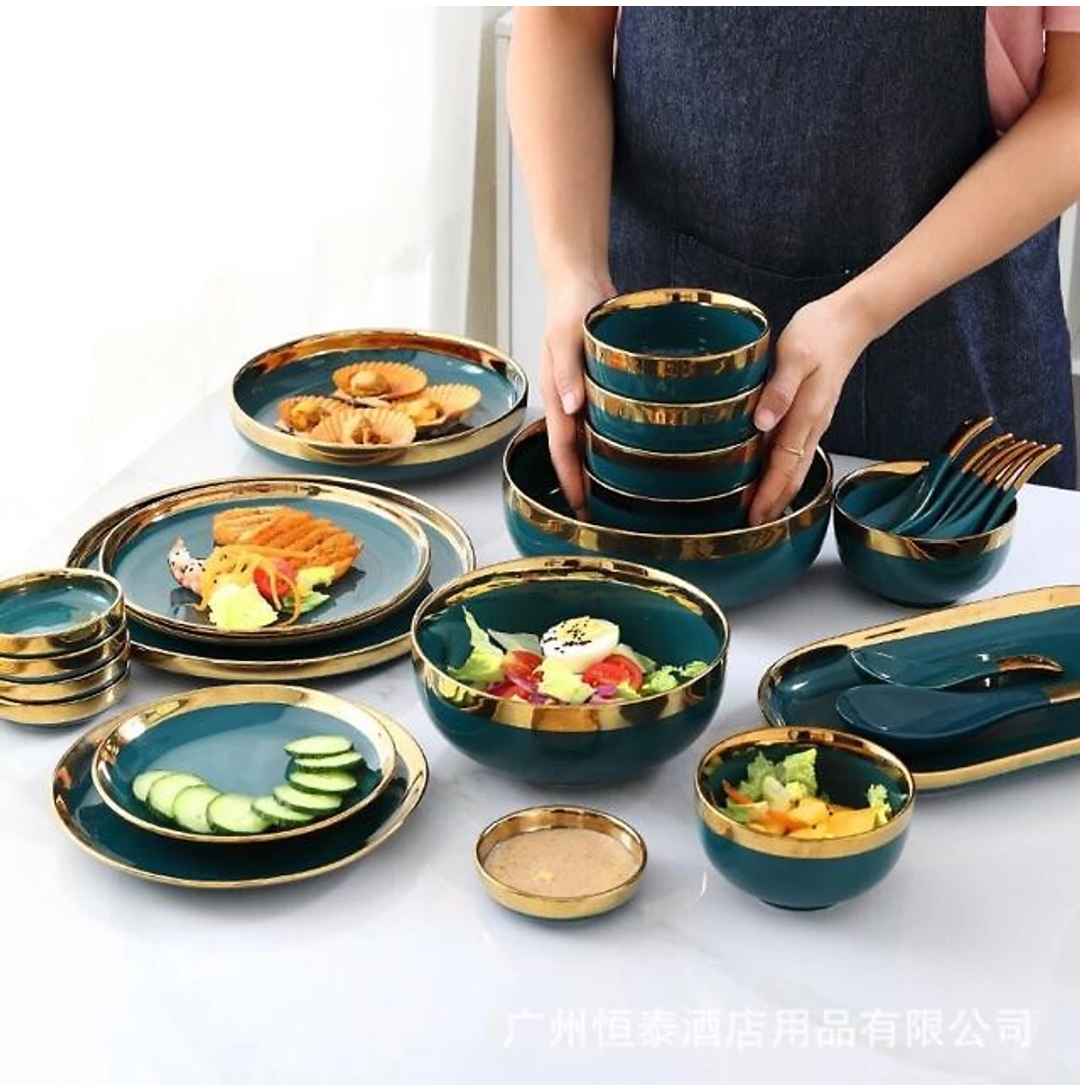 BỘ ẤM CHÉN 26 MÓN PHONG CÁCH BẮC ÂU MÀU XANH CỔ VỊT VIỀN VÀNG
