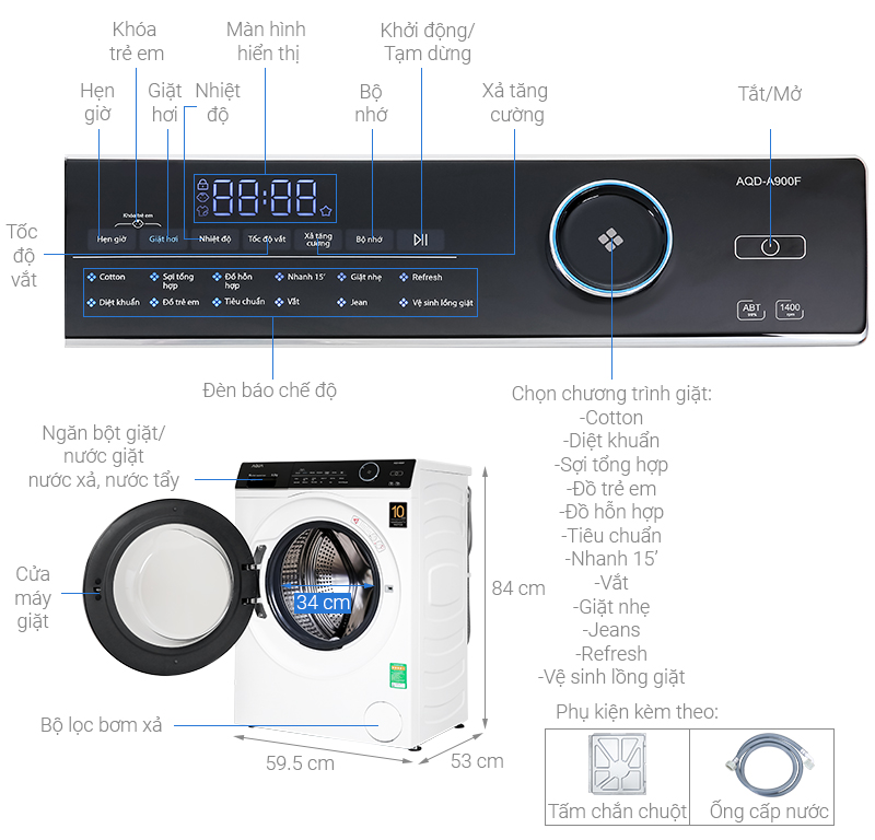 Máy giặt Aqua Inverter 9.0 KG AQD-A900F(W) - Hàng chính hãng (Chỉ giao HCM)