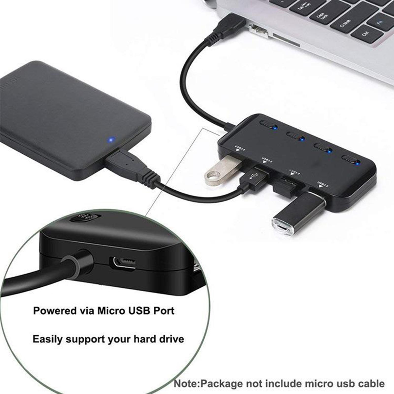 Powered USB 3.0 Hub, 4 Port USB Hub Splitter Portable USB Data Hub Expander with Individual on/Off Switch, USB 3.0 Cable