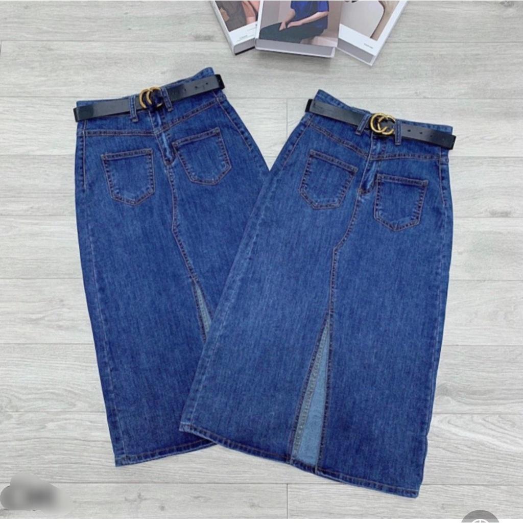 Váy jean xẻ trước co dãn 2 màu xanh đen