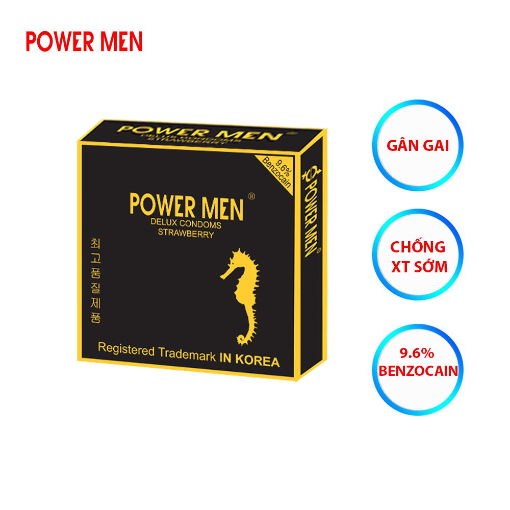 Bao cao su Gân Gai Powermen Strawberry Hương dâu, Chống xuất tinh sớm Hộp 9 bcs - che tên khi giao hàng