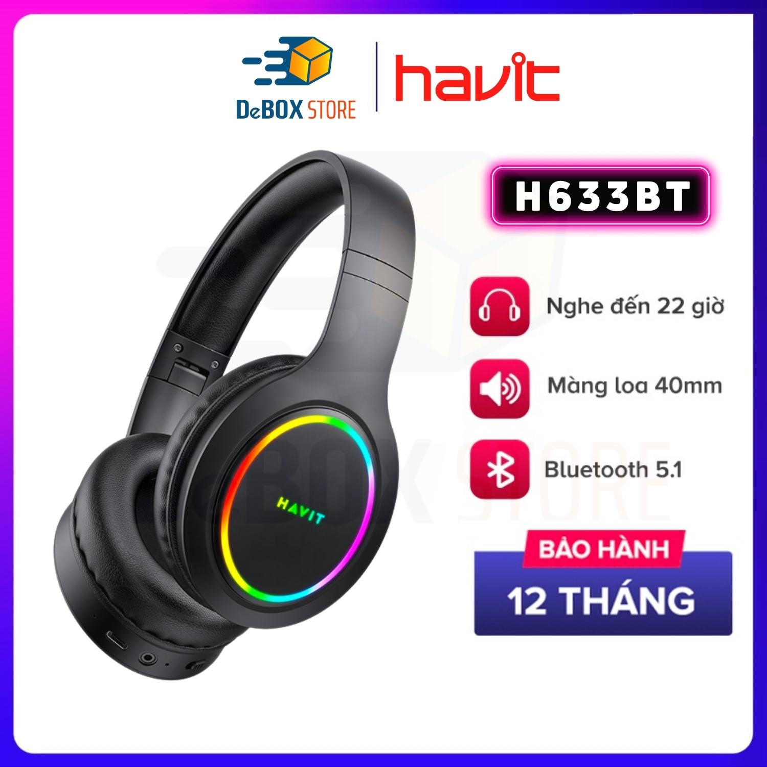 Tai Nghe Headphone Bluetooth HAVIT H633BT, Kiểu Dáng Công Thái Học, Hổ Trợ Đèn Led RGB, Nghe Đến 22H - Hàng Chính Hãng