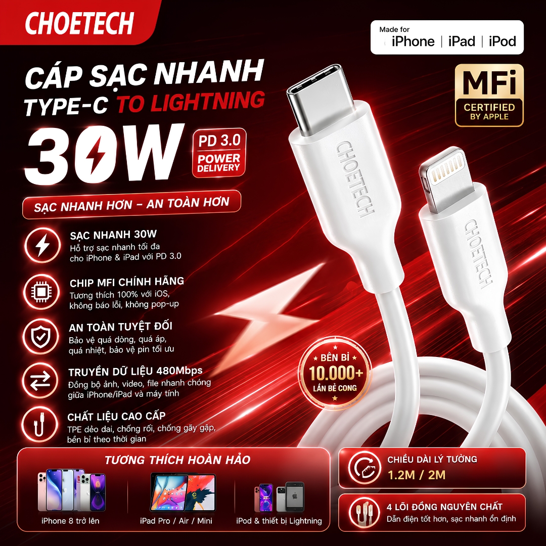 Dây sạc nhanh PD MFI 30W USB-C to L cho iPhone / iPad hiệu Choetech IP0040 Truyền Dữ Liệu – PD 3.0, Truyền Dữ Liệu 480Mbps, TPE Cao Cấp cho iphone 6 7 8 X Xs Max 11 12 13 14 Pro Max Plus Mini - Hàng nhập khẩu