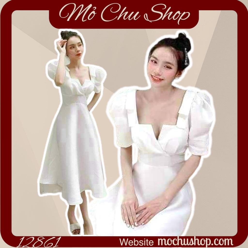 ĐẦM MIDI TRẮNG NƠ VAI TAY BÚP 12863