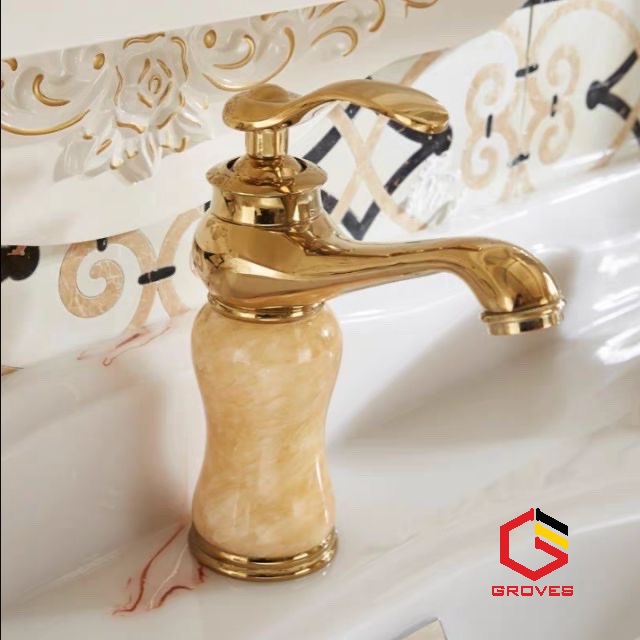 Vòi rửa mặt nóng lạnh mạ vàng bọc đá ngọc thân thấp GR8762B (Sang trọng, quý phái)