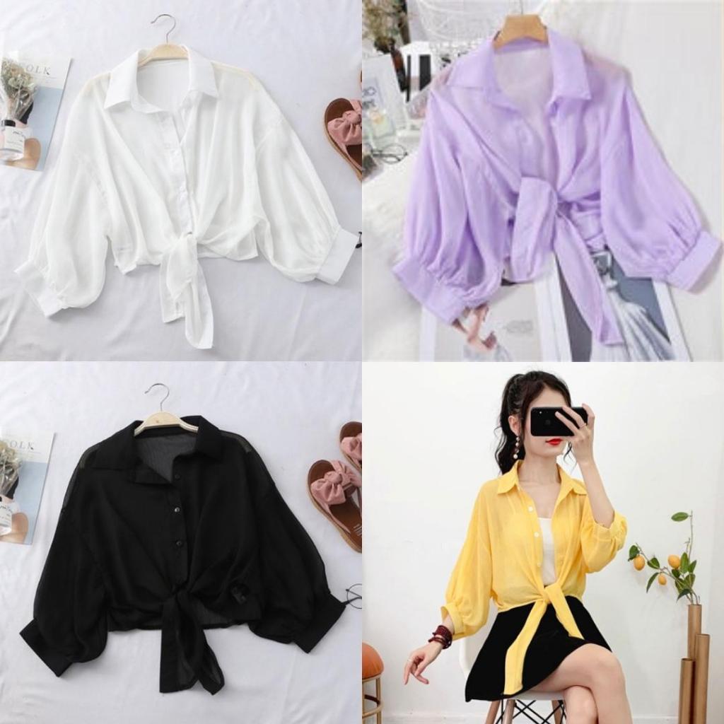 Áo SƠ MI VOAN nữ mỏng KHOÁC NGOÀI tay lửng CỘT DÂY thời trang xinh xắn