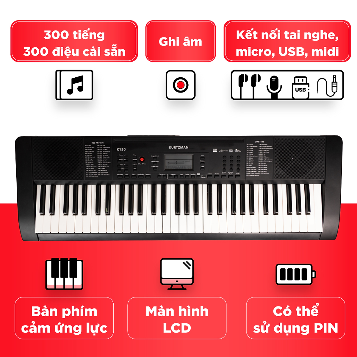 Đàn Organ điện tử/ Portable Keyboard - Kzm Kurtzman K150 - Best keyboard for Beginner - 2 màu lựa chọn - Hàng chính hãng