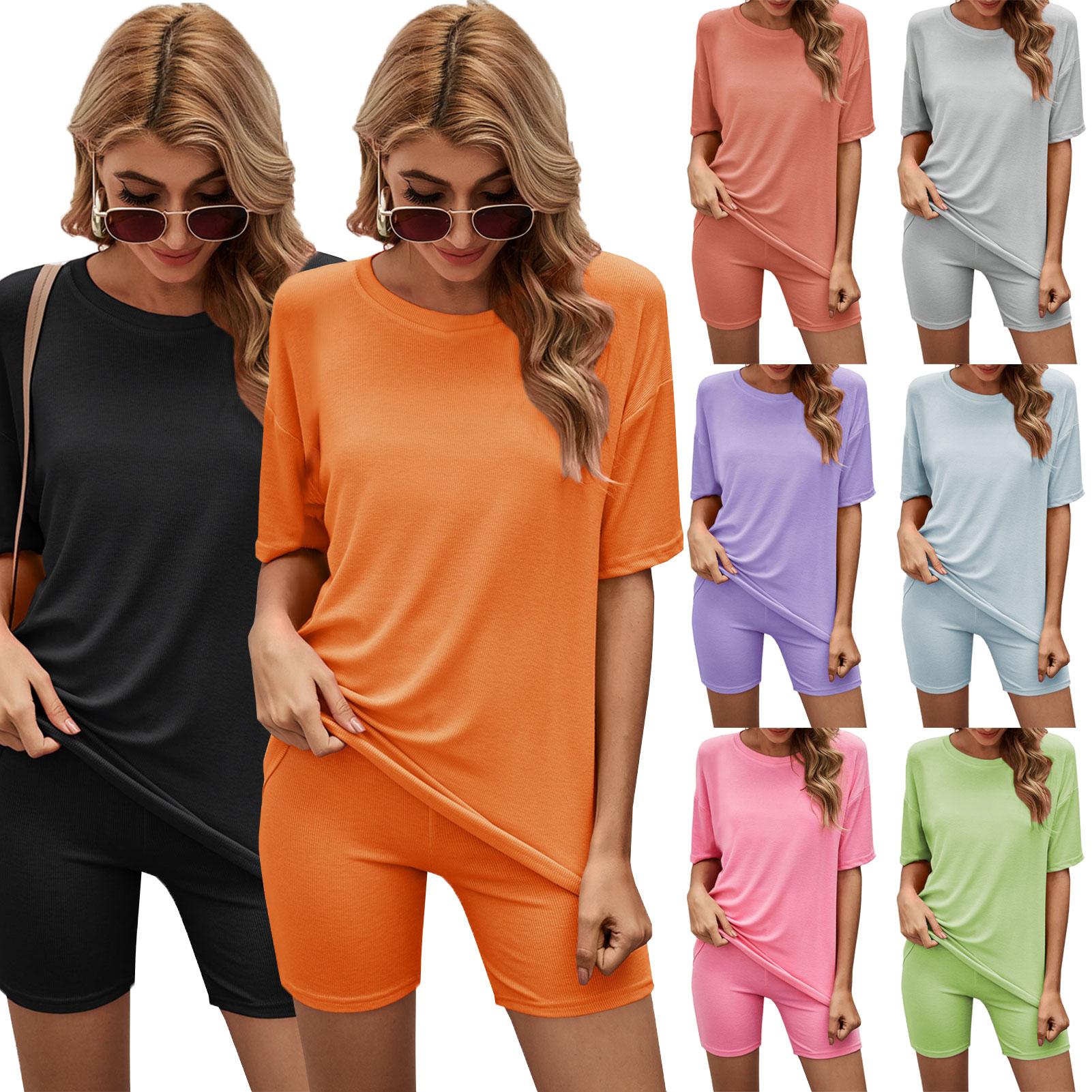 Women Pajamas Set Ribbed O Neck Short Sleeve Tee Elastic Waist Shorts 2 Pieces Casual Loungewear Set Sleepwear