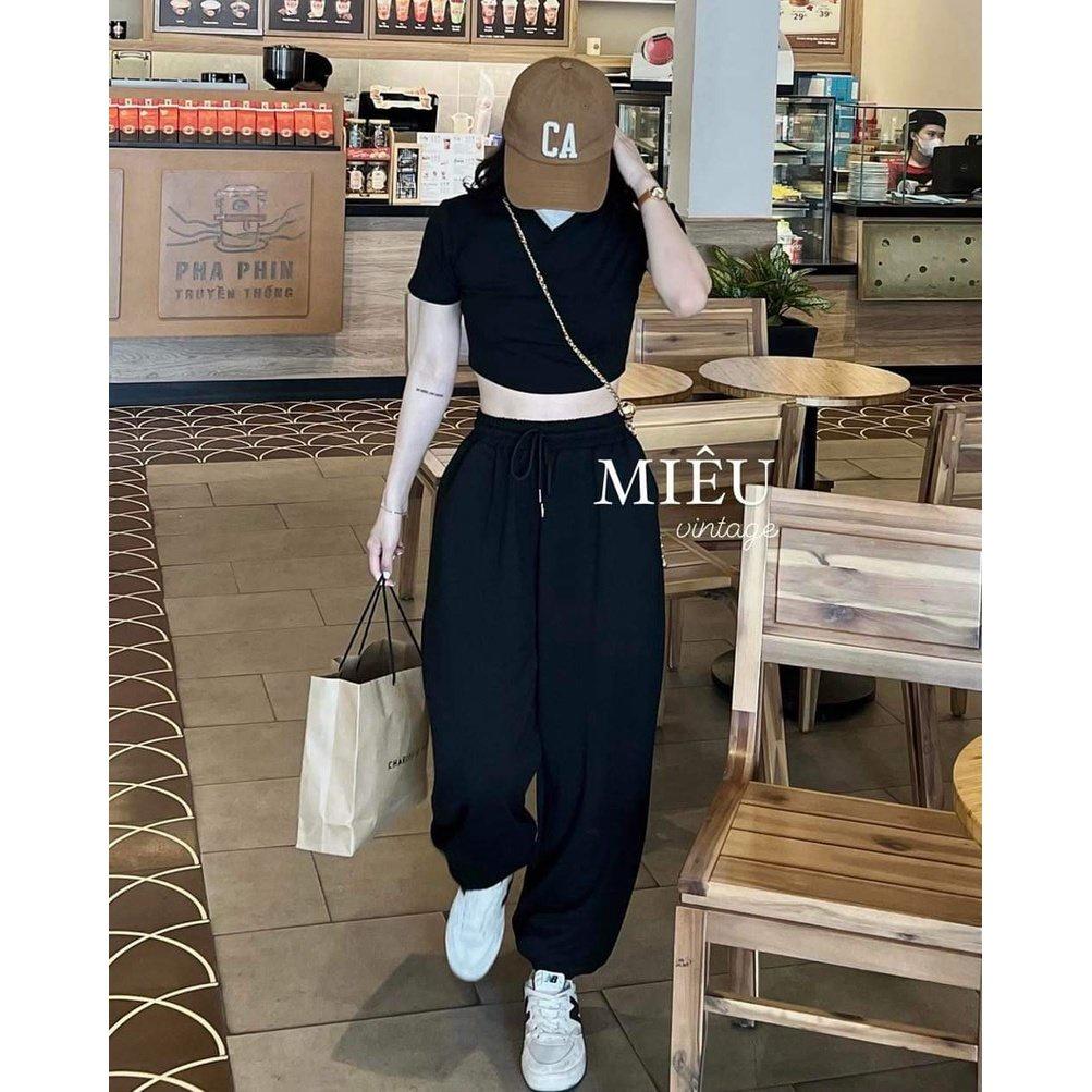 Set Bộ Áo Croptop Quần Jogger Nữ Thể Thao Set Áo Cộc Tay Quần Thun Ống Rộng 2 Màu Siêu Xinh