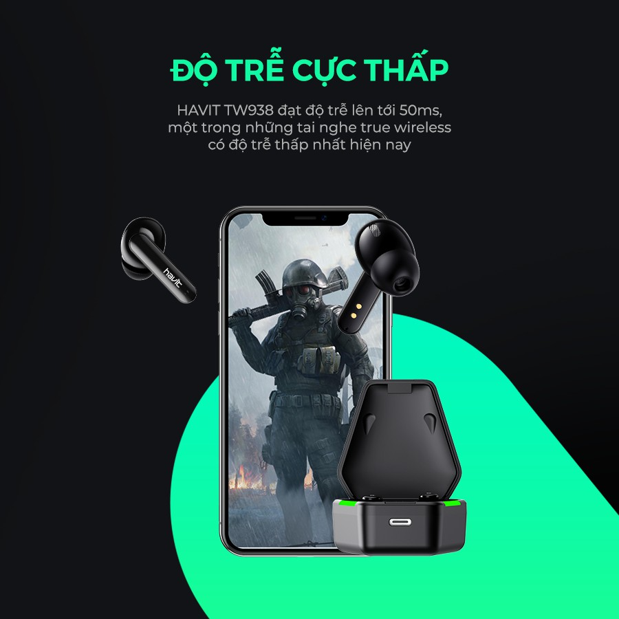 Tai Nghe Bluetooth Gaming True Wireless HAVIT TW938 Bass Chất Game Mượt, Chip ATS3015 Giảm Độ Trễ 50ms - Hàng Chính Hãng