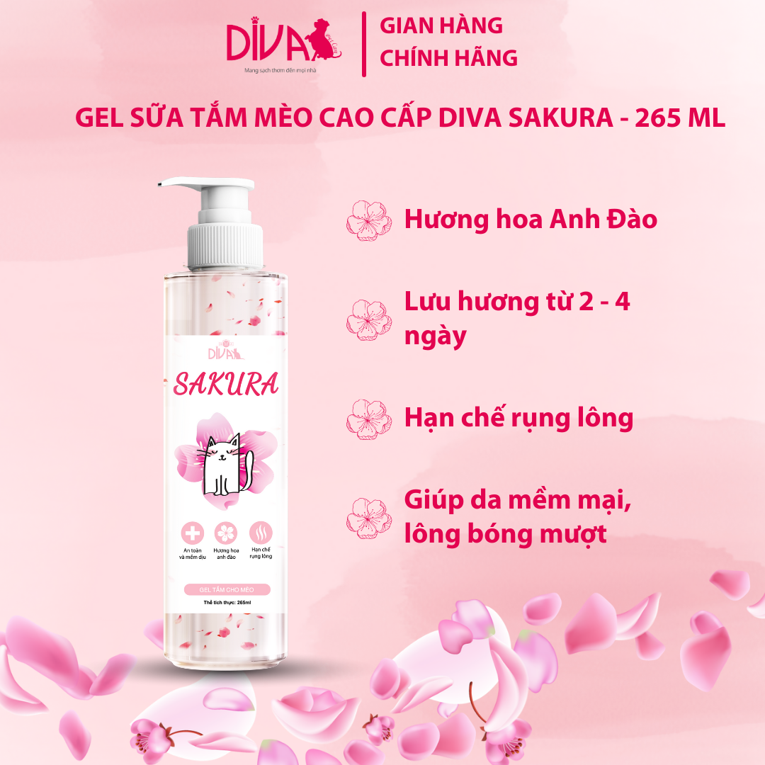 Gel Sữa Tắm Mèo Collagen Cao Cấp Anh Đào Diva Sakura - YonaPetshop