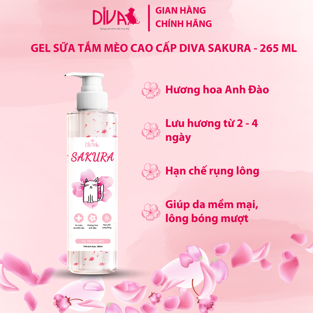 GEL TẮM MÈO COLLAGEN ANH ĐÀO DIVA SAKURA - 265 ML