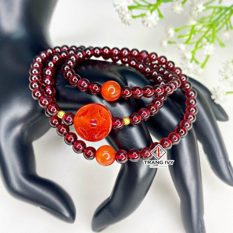 Vòng Tay Garnet Mix Đồng Xu Ngọc Cẩm Thạch Huyết
