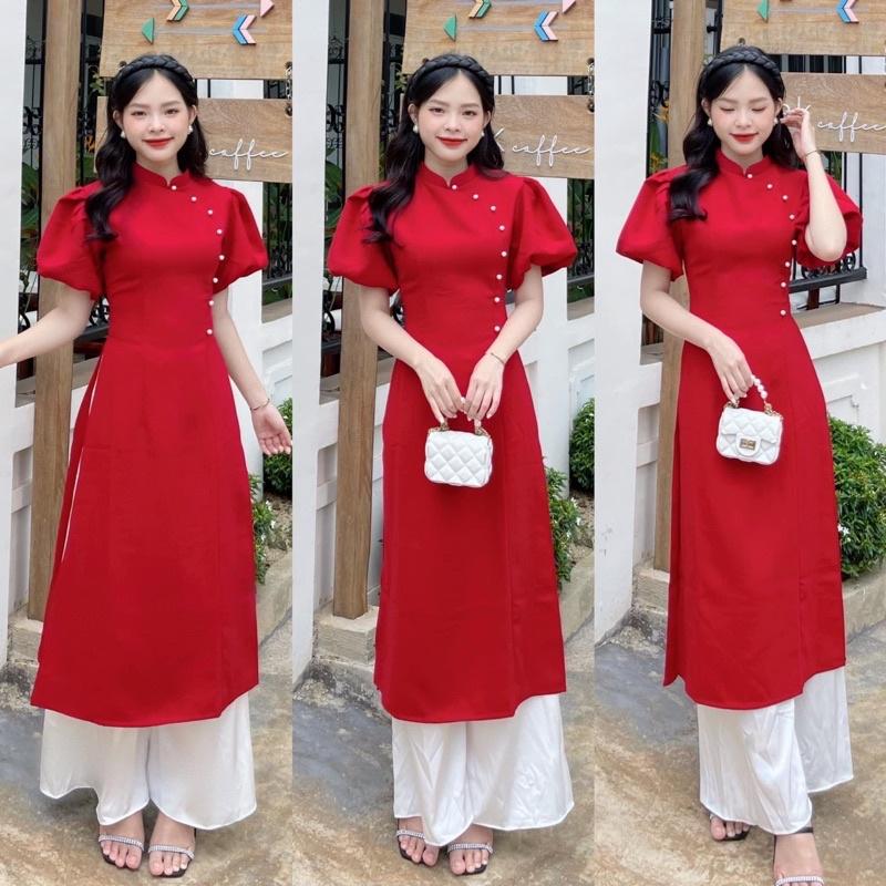 Áo dài cách tân tay bồng kèm quần