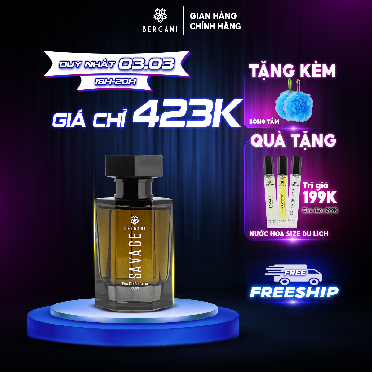 Nước hoa nam chính hãng mùi hương GỖ SỒI trầm ấm quyến rũ Bergami Savage chai dung tích 50ml