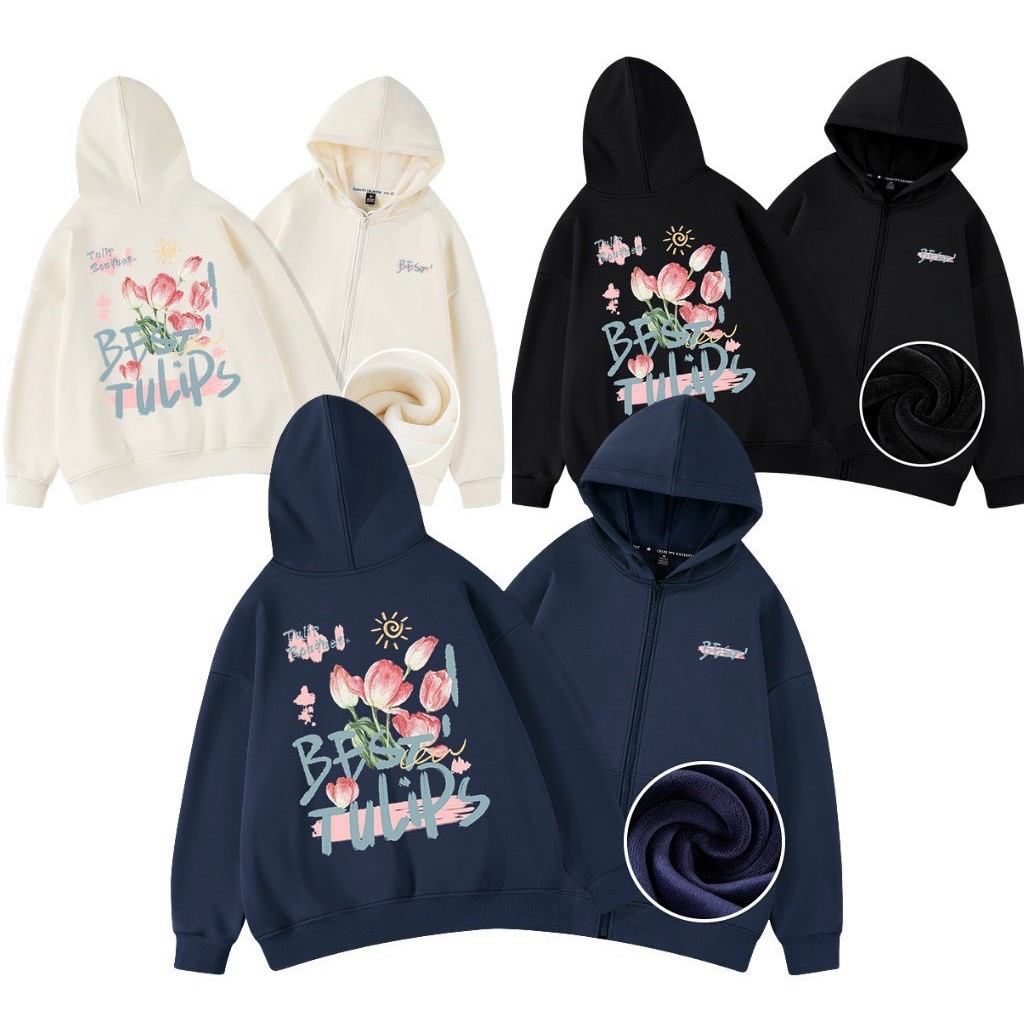 Áo Hoodie Zip Tulips Local Brand Bom House Basic Nam Nữ Form Rộng Ulzzang Unisex, áo hoodie best tulip
