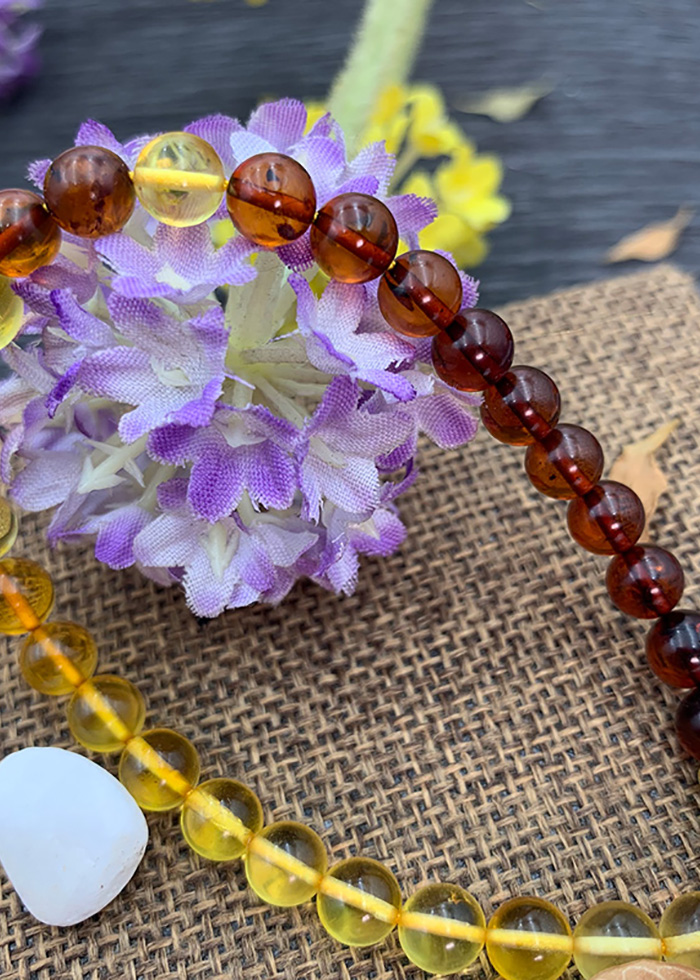 Vòng Tay Hổ Phách Nga Trẻ Em Hạt Tròn Vàng Nâu