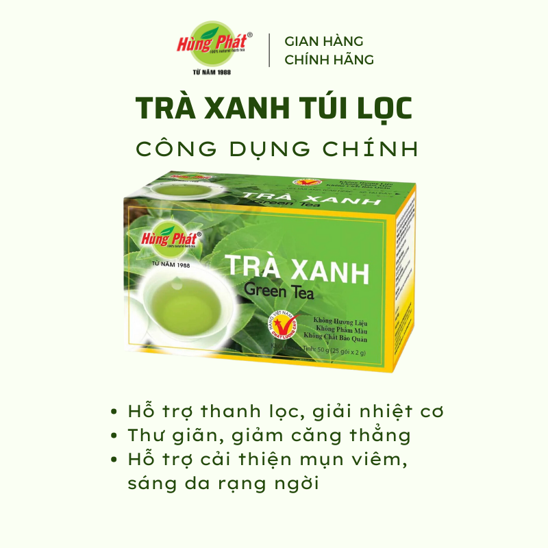 Trà Xanh Túi Lọc Nguyên Chất Hộp 25 Gói - Thương Hiệu Hùng Phát