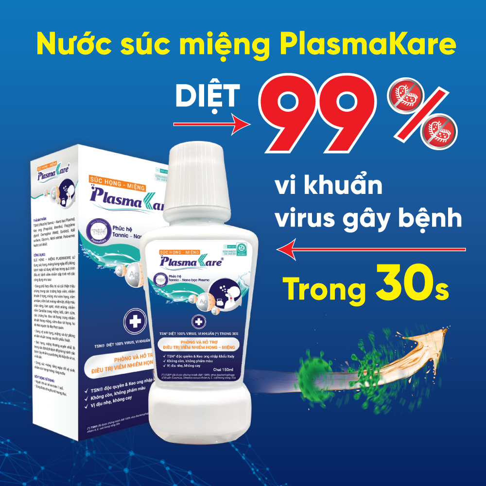 Nước súc miệng nano bạc Plasmakare diệt khuẩn 99%, cho hơi thở thơm mát, an toàn cho bà bầu và trẻ em