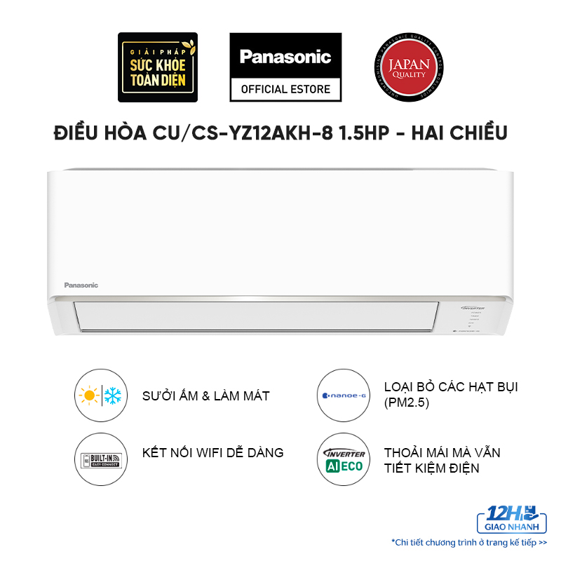 Điều hòa Panasonic Inverter CU/CS-YZ12AKH-8 - 1.5HP - Hai chiều - Lọc không khí bụi mịn tới 99%