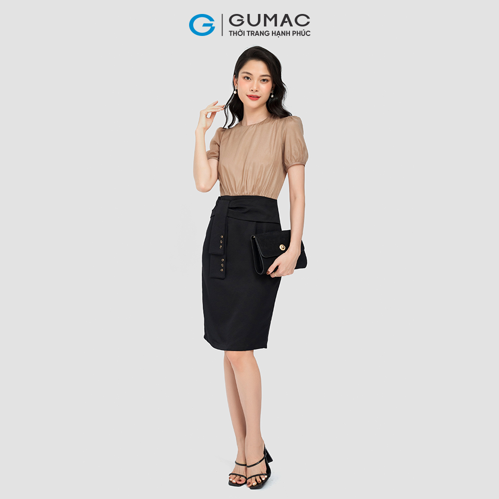 Đầm bút chì phối voan GUMAC DC08056 vải mềm mịn màu nâu