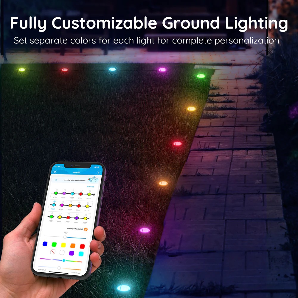 Đèn chiếu sáng sân vườn, cỏ chống nước IP65 Govee RGBIC Wi-Fi &amp; Bluetooth Outdoor Ground Lights H7050 | Kích thước 11m