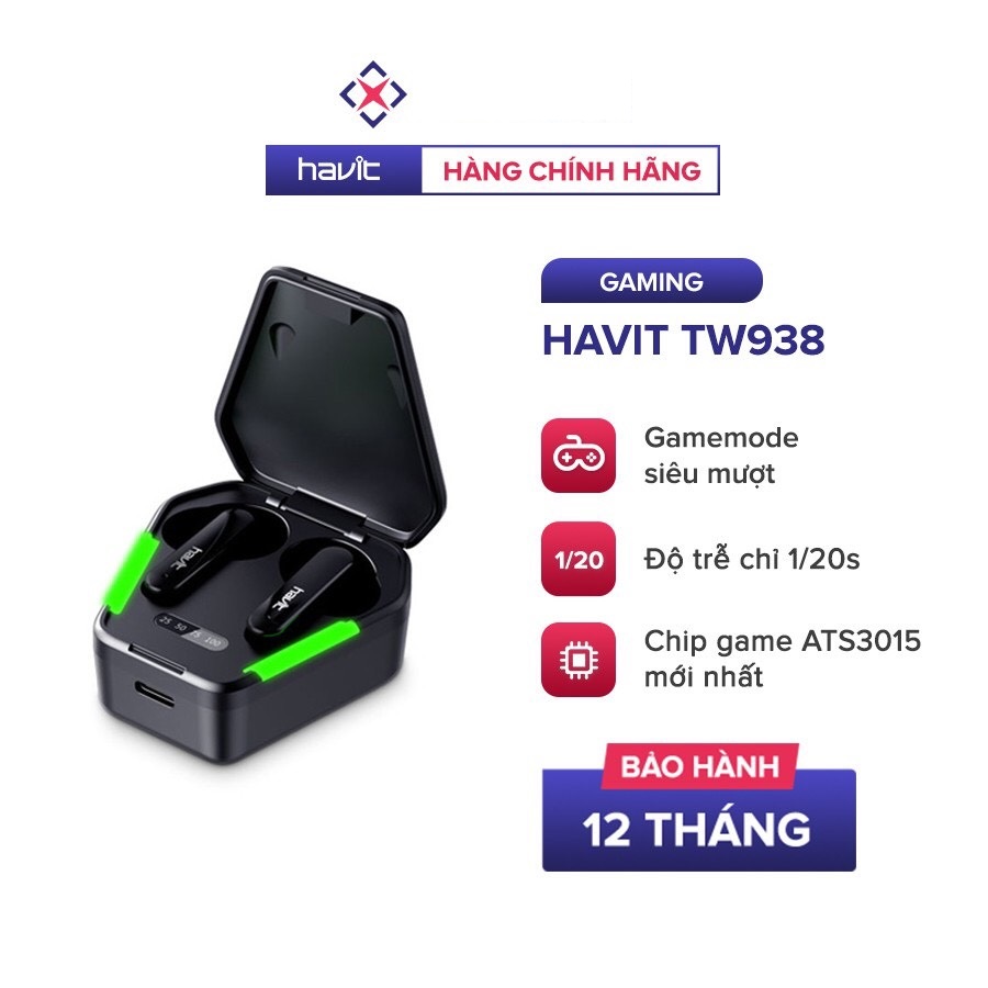 Tai Nghe Gaming TWS HAVIT TW938 Bass Chất Game Mượt, Chip ATS3015 Giảm Độ Trễ 0.05s - Bluetooth 5.0 - Điều Khiển Cảm Ứng Thông Minh - Đèn Led Đẹp Mắt - Pin Lên Đến 25h - Hàng Chính Hãng